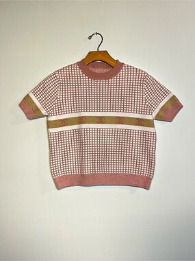 Checkered Knit Short Sleeve Sweater in Pink & Gold